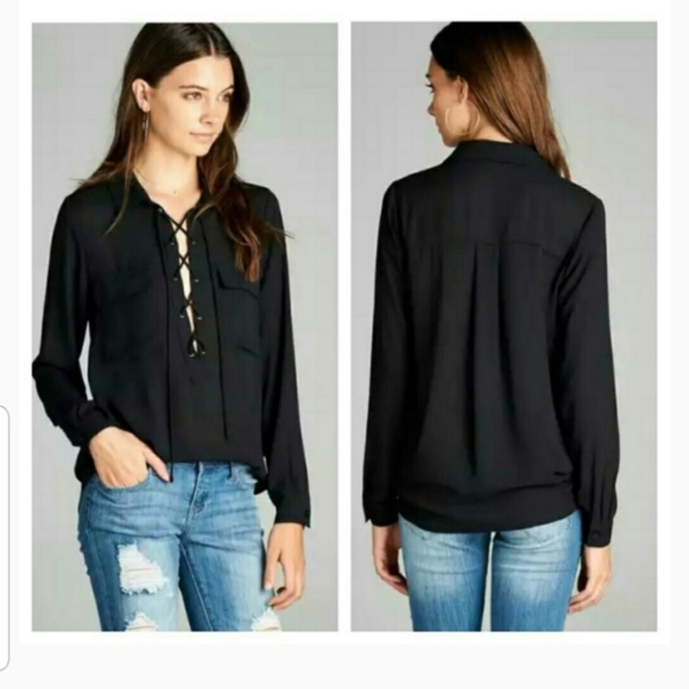 Lace up front chiffon blouse w/ front pockets